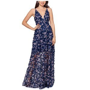 Xscape Womens Navy and Gold Embroidered Fit & Flare Evening Dress